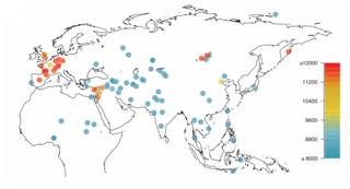 Map showing the geographic origin and age of the oldest archaeological dog remains in Eurasia. (Image: L. A. F. Frantz et al., 2016)